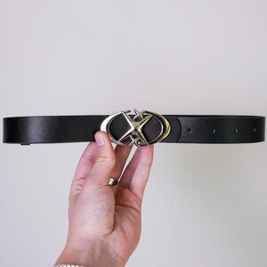y2k chrome star buckle black leather belt — 2000s pop style